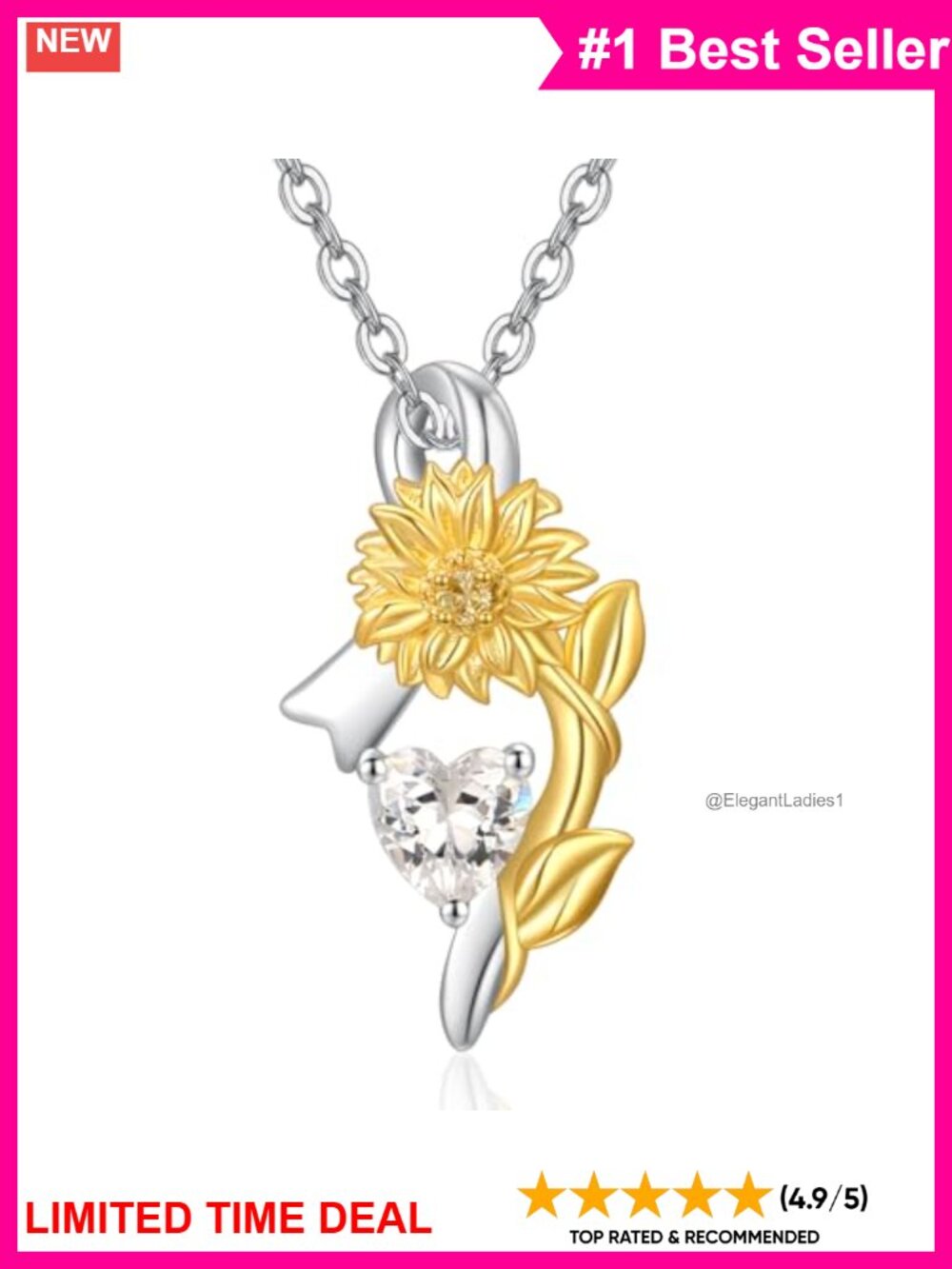 925 Sterling Silver Sunflower Heart Pendant Necklace 20 Inch Gift for Her
